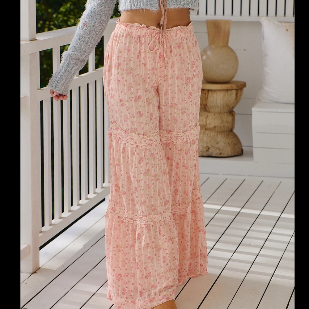 Free Peoplel Emmaline Tiered Floral Wide Leg Pull-On Pants Peach Combo